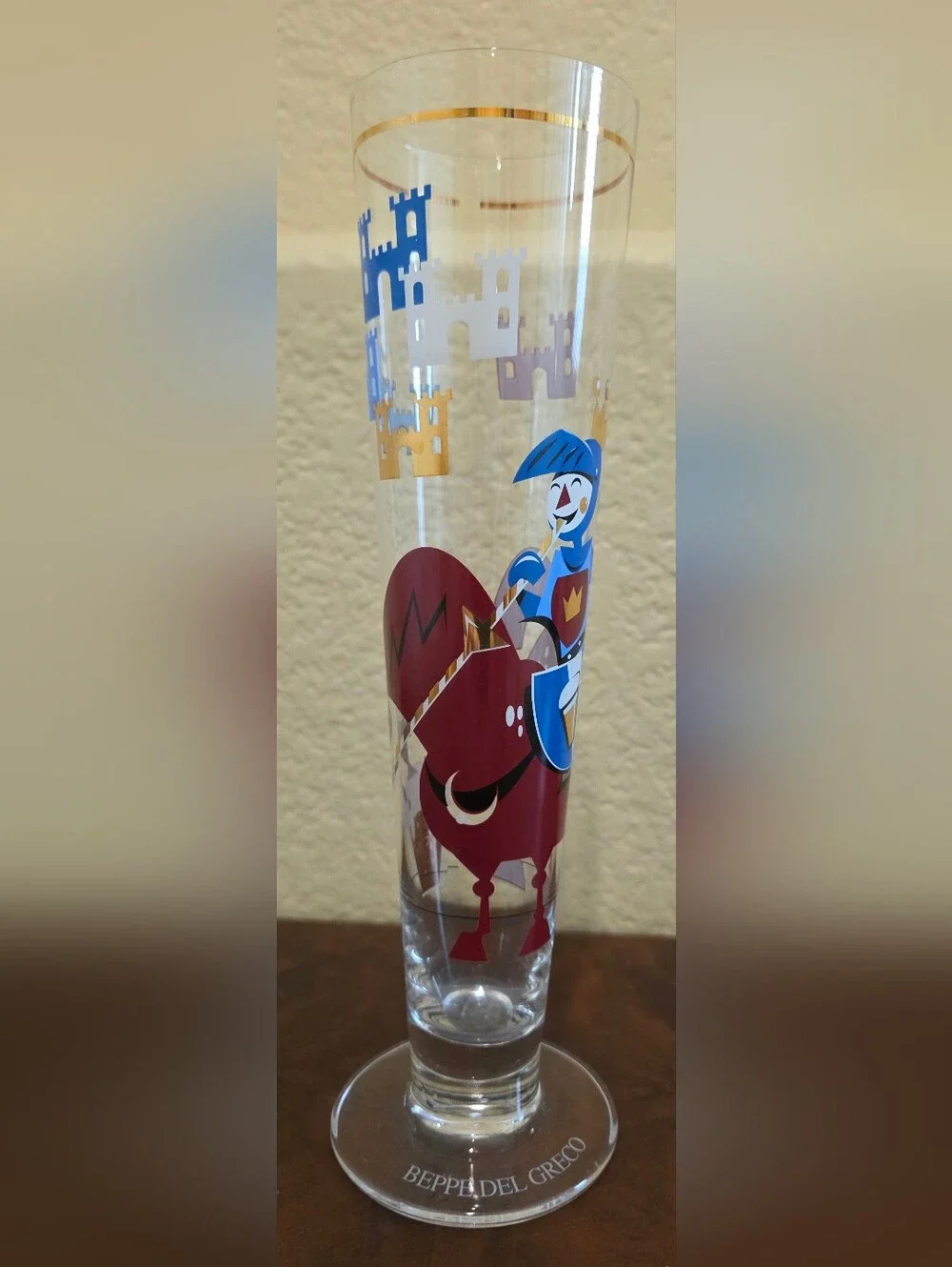 Vintage 1990s Rittenhouse Beppe Del Greco Knight Pilsner Beer Glass Gold Trim